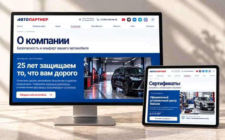 Разделы О компании и Сертификаты сайта АвтоПартнер