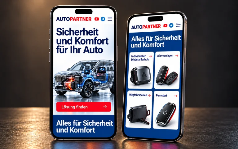 Die AutoPartner-Startseite und Leistungen auf zwei Smartphones