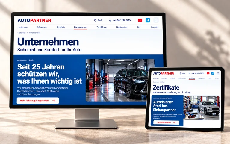 Die AutoPartner-Seiten zum Unternehmen und zu Zertifikaten auf Monitor und Tablet