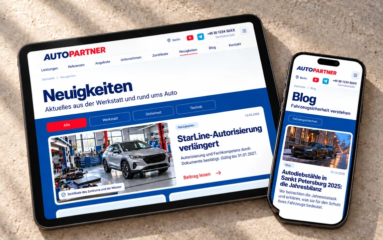 AutoPartner-Neuigkeiten auf einem Tablet und der Blog auf einem Smartphone