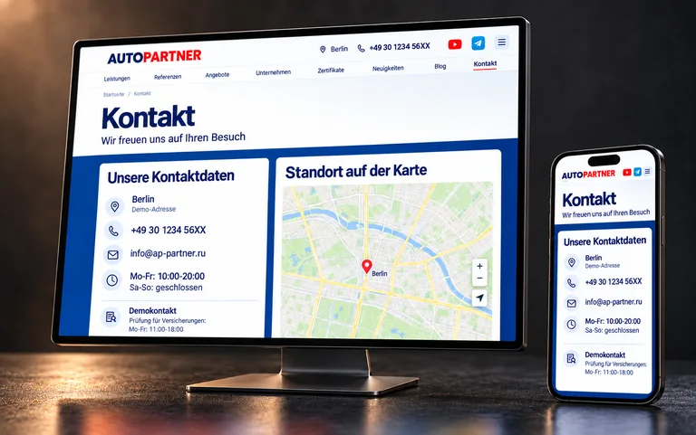 AutoPartner-Kontaktseite mit Karte und lokalisierter Telefonnummer auf Monitor und Smartphone