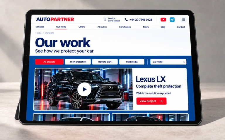 AutoPartner completed-projects page featuring a Lexus LX on a tablet