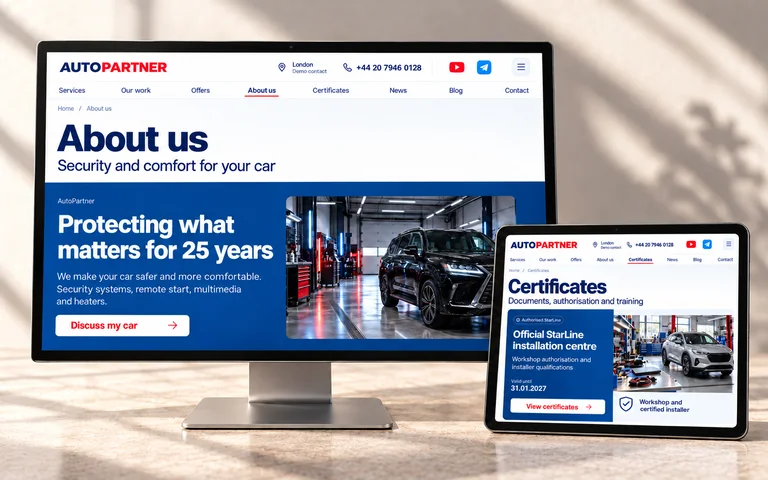 AutoPartner company and certificates pages on a monitor and tablet