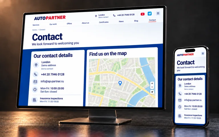 AutoPartner contacts with map and localized phone on a monitor and smartphone