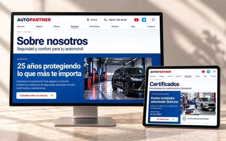 Páginas de empresa y certificados de AutoPartner en un monitor y una tableta