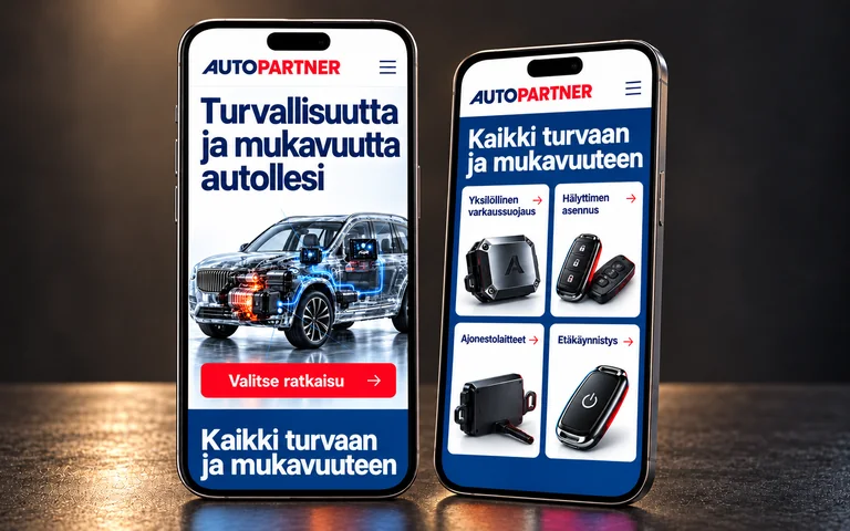 AutoPartnerin etusivu ja palvelut kahdessa älypuhelimessa