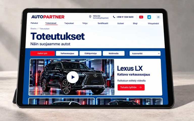 AutoPartnerin toteutussivu ja Lexus LX tabletin näytöllä