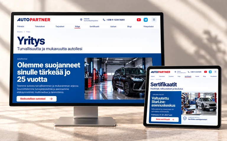 AutoPartnerin yritys- ja sertifikaattisivut näytöllä ja tabletissa