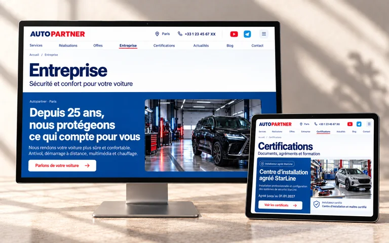 Les pages entreprise et certifications AutoPartner sur un moniteur et une tablette