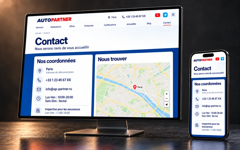 La page contact AutoPartner avec carte et numéro localisé sur un moniteur et un smartphone