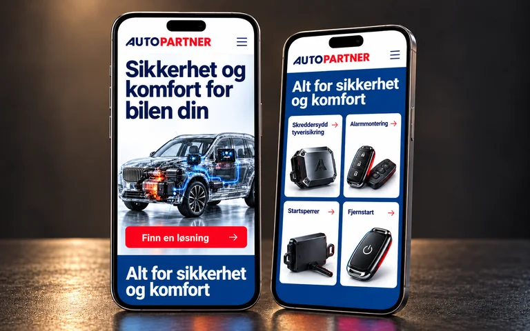 Forsiden og tjenestene til AutoPartner på to smarttelefoner