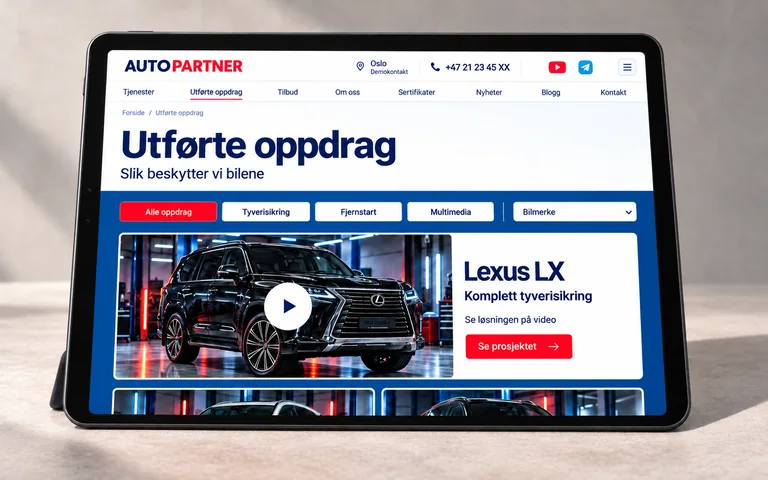 AutoPartners side med utførte oppdrag og en Lexus LX på nettbrett
