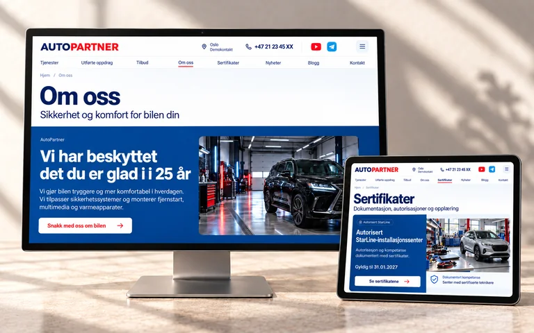 AutoPartners bedrifts- og sertifikatsider på skjerm og nettbrett