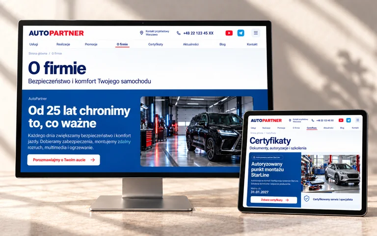Strony o firmie i certyfikatach AutoPartner na monitorze i tablecie