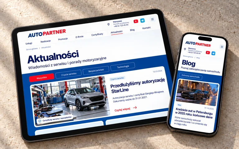Aktualności AutoPartner na tablecie i blog na smartfonie
