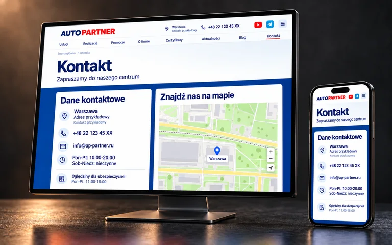 Kontakt AutoPartner z mapą i lokalnym numerem na monitorze i smartfonie