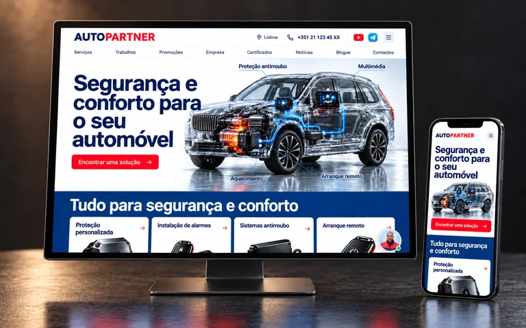 Página inicial da AutoPartner num monitor e num telemóvel