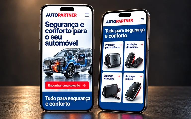 Página inicial e serviços da AutoPartner em dois telemóveis