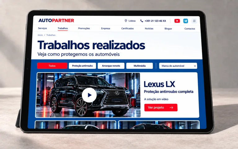 Página de trabalhos da AutoPartner com um Lexus LX num tablet