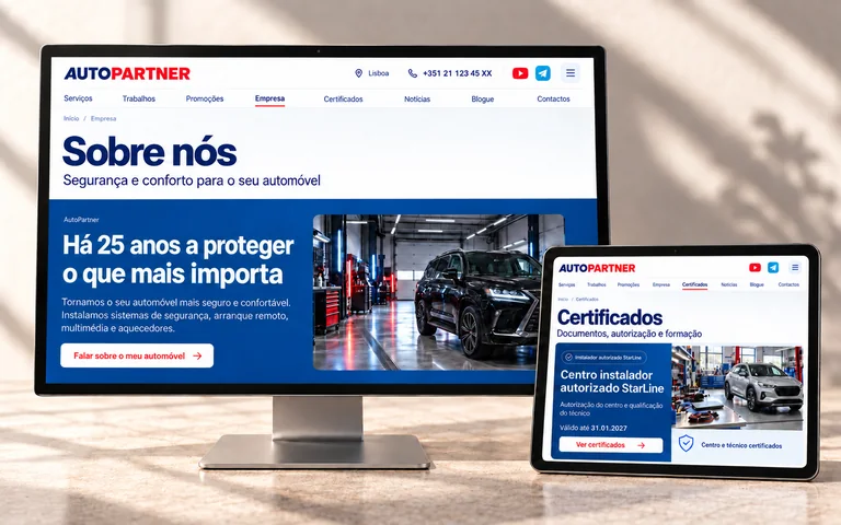 Páginas da empresa e dos certificados da AutoPartner num monitor e num tablet