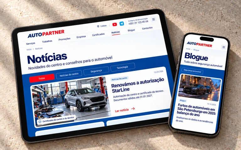 Notícias da AutoPartner num tablet e blogue num telemóvel