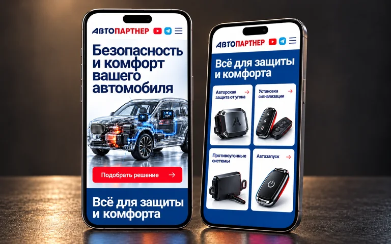 Главная и услуги АвтоПартнер на двух смартфонах