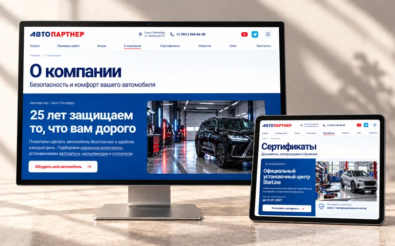 Разделы О компании и Сертификаты сайта АвтоПартнер