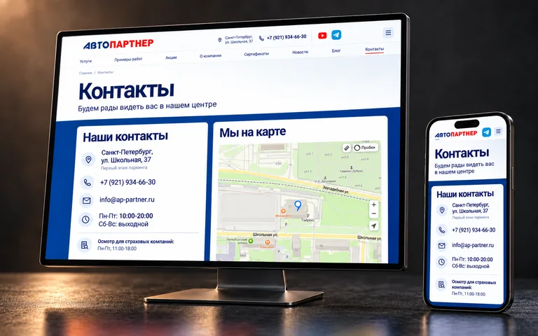 Контакты АвтоПартнер с картой и телефоном на мониторе и смартфоне
