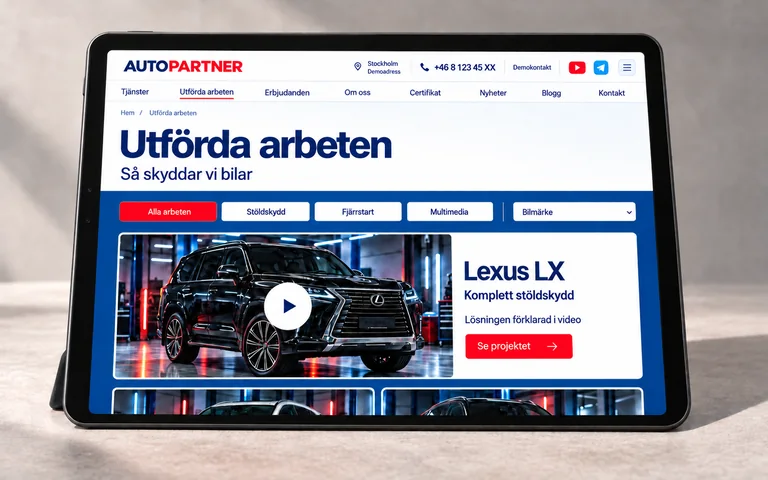AutoPartners sida med utförda arbeten och en Lexus LX på en surfplatta