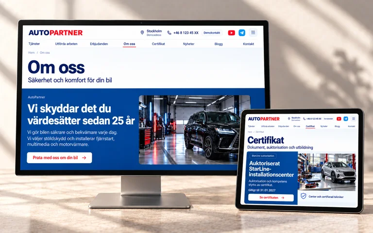 AutoPartners företags- och certifikatsidor på en bildskärm och en surfplatta