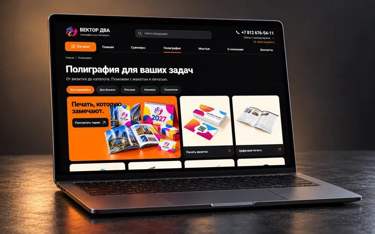 Ноутбук со страницей полиграфии типографии «Вектор 2»